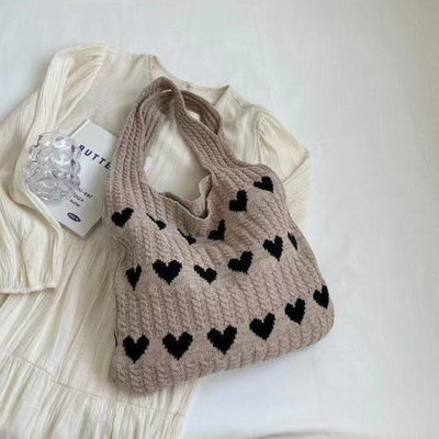 Strick-Tragetasche | Herz-Print | Gestrickt | Schultertasche | Einkaufst
