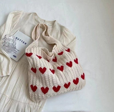 Strick-Tragetasche | Herz-Print | Gestrickt | Schultertasche | Einkaufst