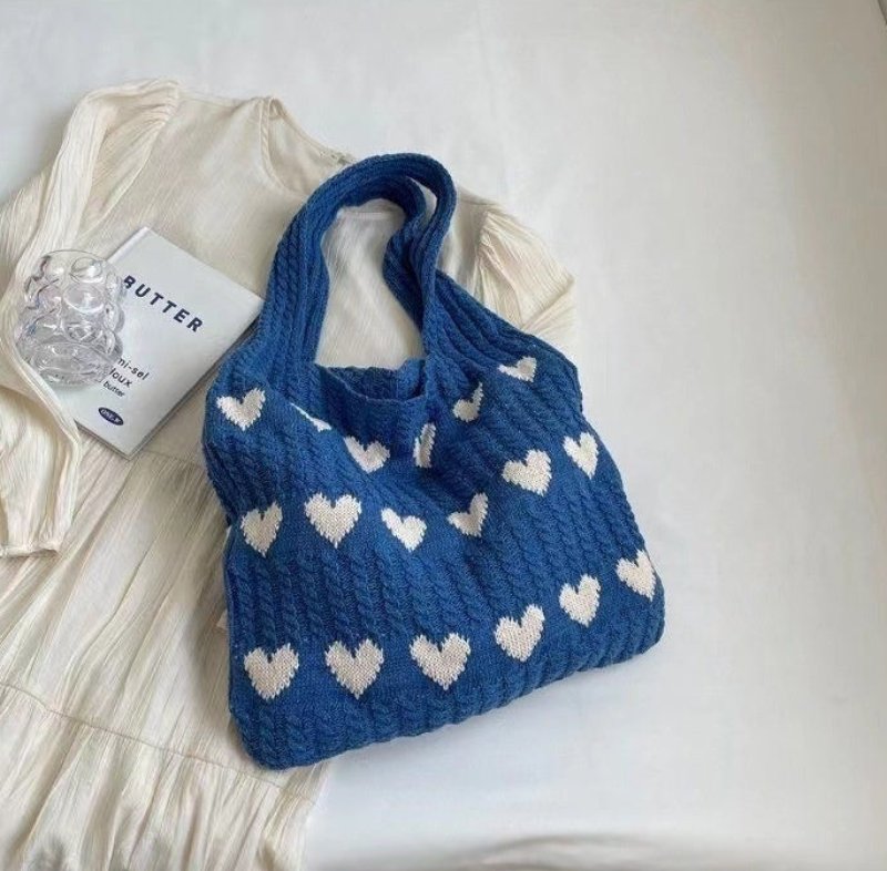 Strick-Tragetasche | Herz-Print | Gestrickt | Schultertasche | Einkaufst