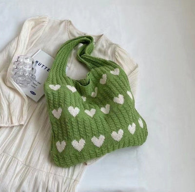 Strick-Tragetasche | Herz-Print | Gestrickt | Schultertasche | Einkaufst