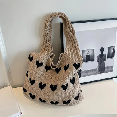 Strick-Tragetasche | Herz-Print | Gestrickt | Schultertasche | Einkaufst