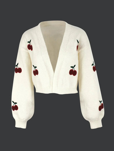 Strickcardigan – Kirschrot – Weiß – Grobstrickjacke – Damenjacke