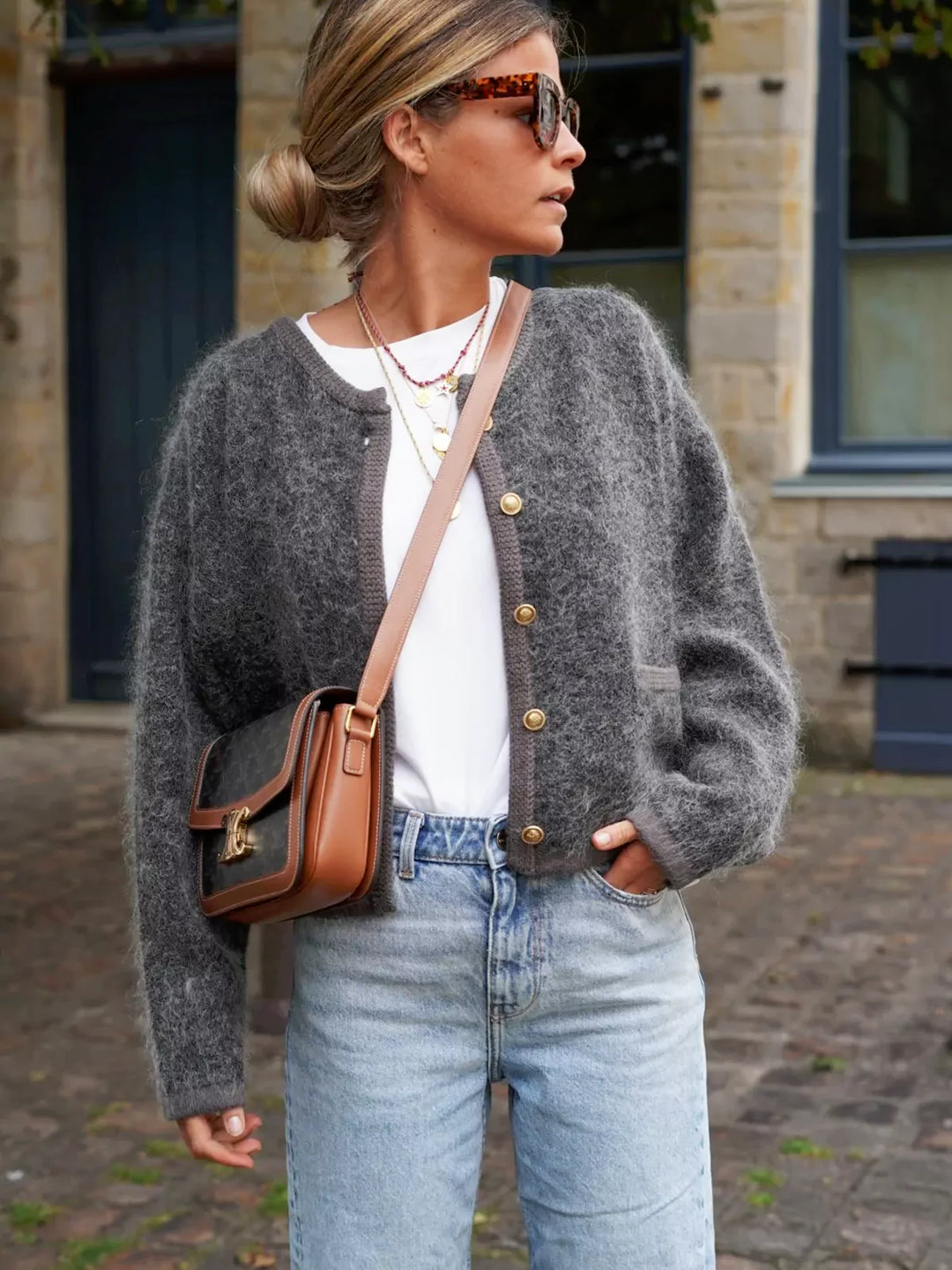 Strickjacke | Grau | Mit Knöpfen | Flauschige Strickjacke | Damen-Strickjacke