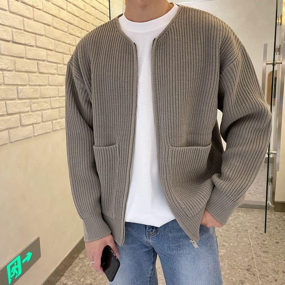 Strickjacke – Warme, grob gestrickte Winter-Reißverschlussjacke für Herren mit Taschen