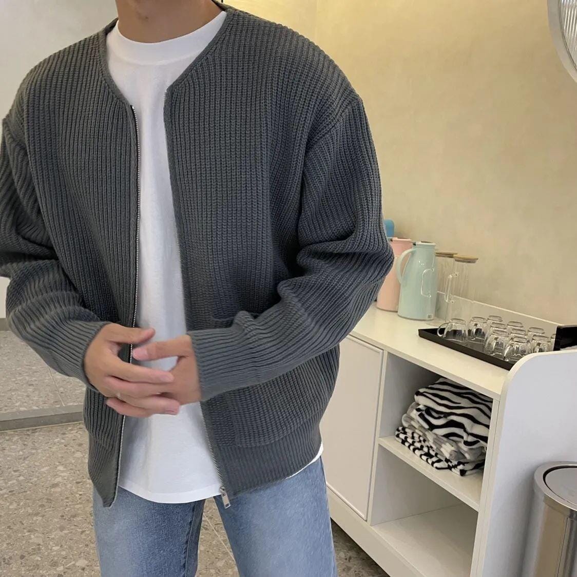Strickjacke – Warme, grob gestrickte Winter-Reißverschlussjacke für Herren mit Taschen
