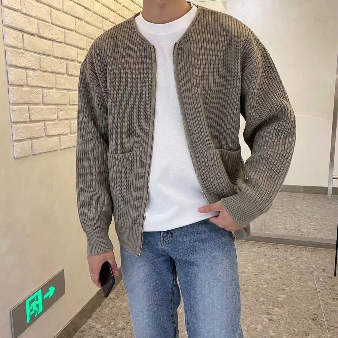 Strickjacke – Warme, grob gestrickte Winter-Reißverschlussjacke für Herren mit Taschen