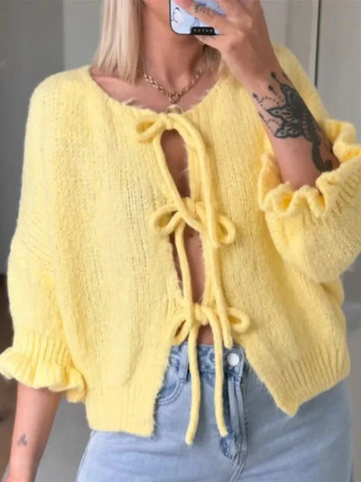 Strickjacke mit Bindeband – Gelbe, locker sitzende Strickjacke für Damen