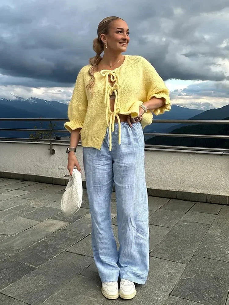 Strickjacke mit Bindeband – Gelbe, locker sitzende Strickjacke für Damen