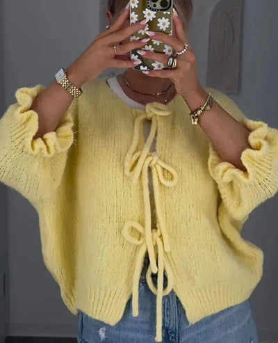 Strickjacke mit Bindeband – Gelbe, locker sitzende Strickjacke für Damen