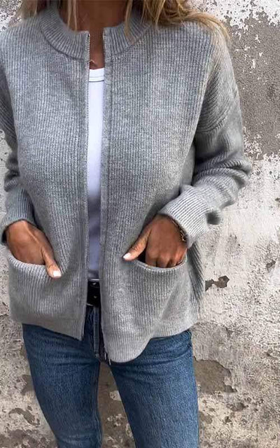 Strickjacke mit Reißverschluss - Warm - Taschen - Strickjacke - Damenbekleidung