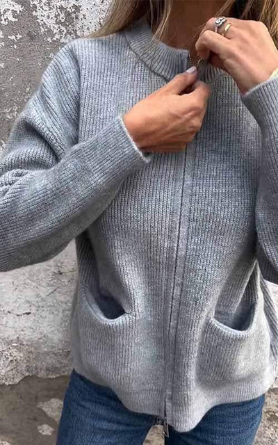 Strickjacke mit Reißverschluss - Warm - Taschen - Strickjacke - Damenbekleidung