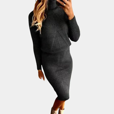 Strickkleid – Langarm-Rollkragen-Midikleid für den Winter