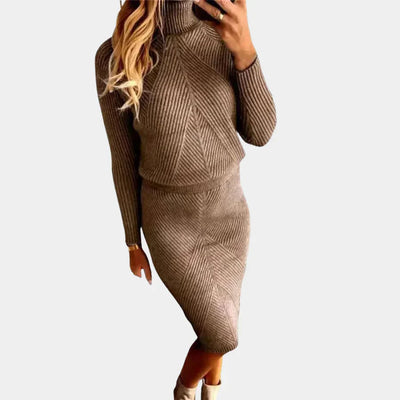 Strickkleid – Langarm-Rollkragen-Midikleid für den Winter
