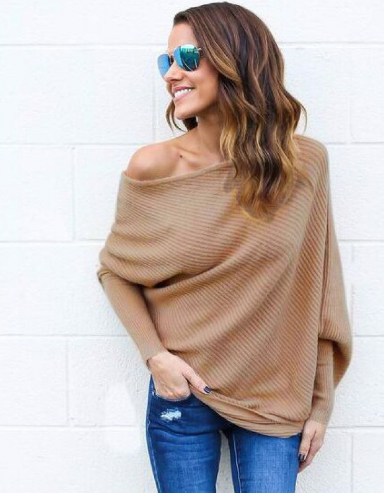 Strickpullover | Fledermausärmel | Lockere Passform | Off-Shoulder-Pullover | Damenbekleidung