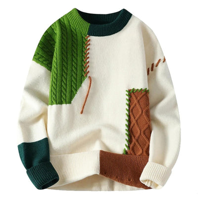 Strickpullover – Warmer, Locker Sitzender Patchwork-Pullover für Herren