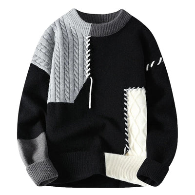 Strickpullover – Warmer, Locker Sitzender Patchwork-Pullover für Herren