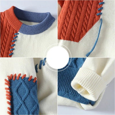 Strickpullover – Warmer, Locker Sitzender Patchwork-Pullover für Herren