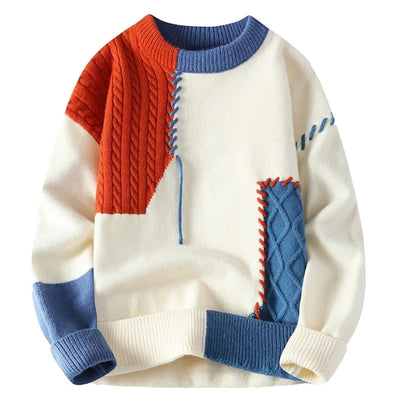 Strickpullover – Warmer, Locker Sitzender Patchwork-Pullover für Herren
