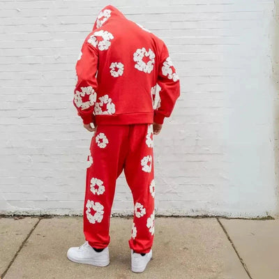 Sweatset – Unisex-Kapuzenpullover mit Blumenmuster und Jogginghose