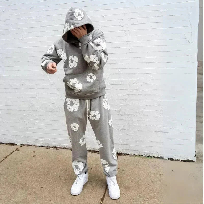 Sweatset – Unisex-Kapuzenpullover mit Blumenmuster und Jogginghose