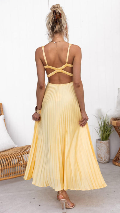 Aby Maxikleid in Gelb mit Plisseefalten und V-Ausschnitt – Elegantes Sommerkleid für besondere Anlässe