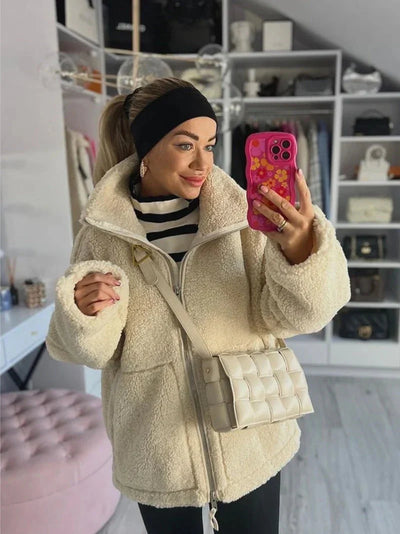 Teddy Coat – Damen-Winterjacke aus Fleece in Übergröße mit Reißverschluss
