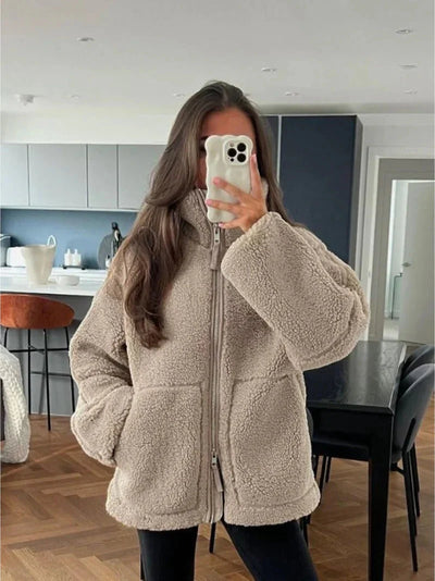 Teddy Coat – Damen-Winterjacke aus Fleece in Übergröße mit Reißverschluss