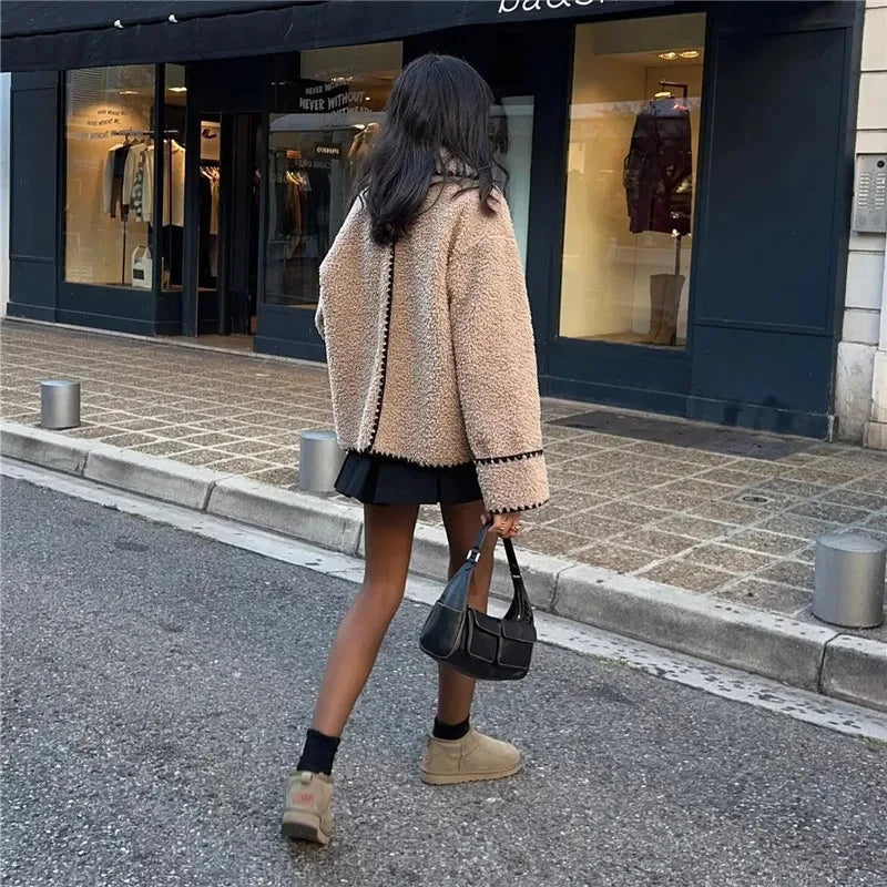 Teddy-Fleecejacke – Beige – Oversize – Teddy-Mantel – Damenjacke