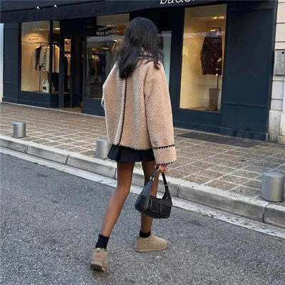 Teddy-Fleecejacke – Beige – Oversize – Teddy-Mantel – Damenjacke
