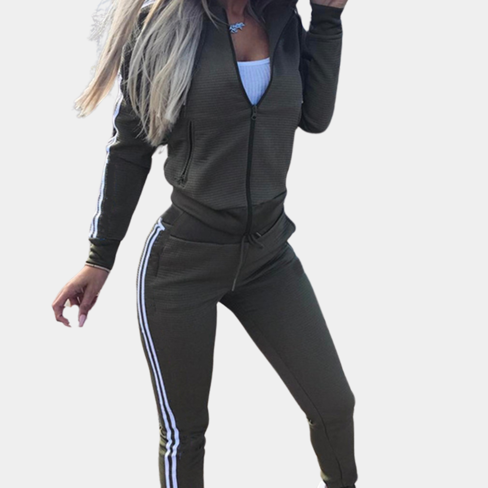 Trainingsanzug – Zweiteiliges Jogging-Set für Damen mit Kapuze, Streifen und Reißverschluss