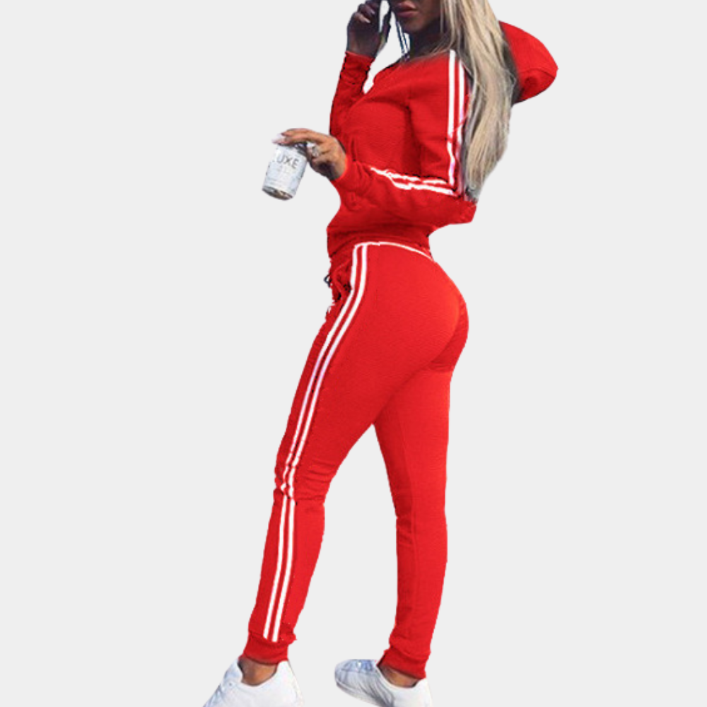 Trainingsanzug – Zweiteiliges Jogging-Set für Damen mit Kapuze, Streifen und Reißverschluss