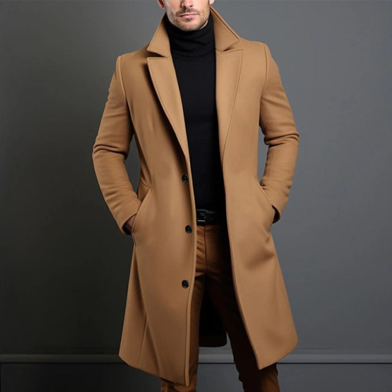 Trenchcoat – Klassischer langer einreihiger Woll-Trenchcoat für Herren