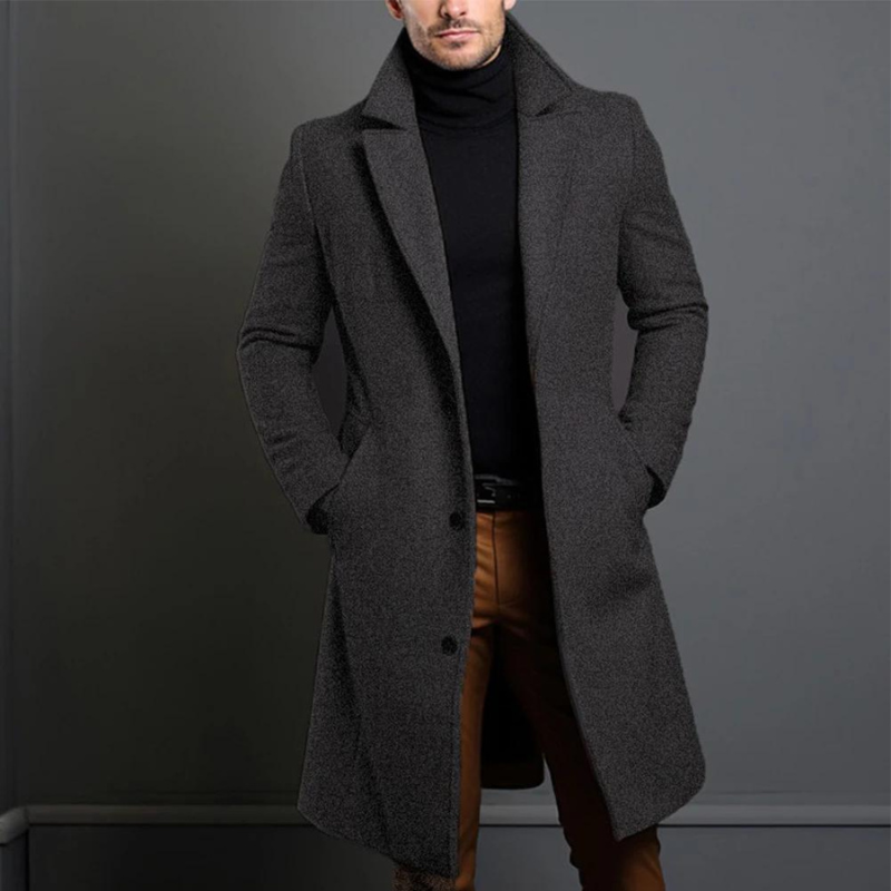 Trenchcoat – Klassischer langer einreihiger Woll-Trenchcoat für Herren