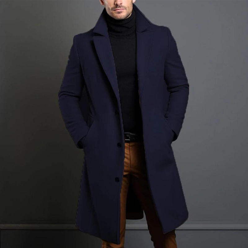 Trenchcoat – Klassischer langer einreihiger Woll-Trenchcoat für Herren