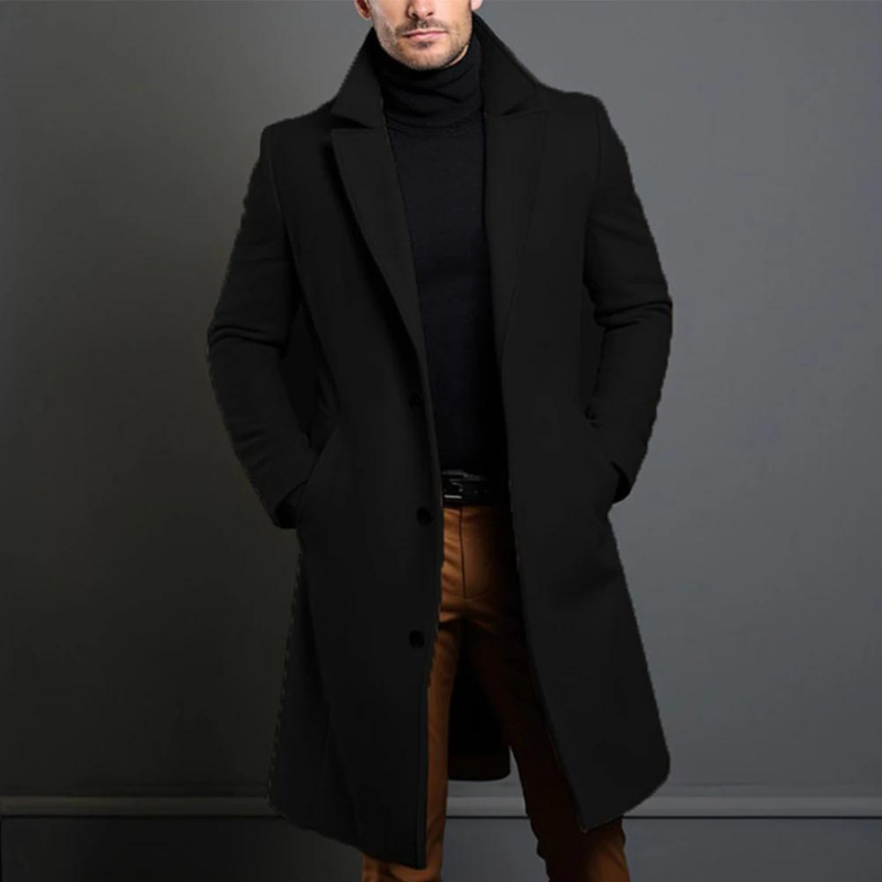 Trenchcoat – Klassischer langer einreihiger Woll-Trenchcoat für Herren