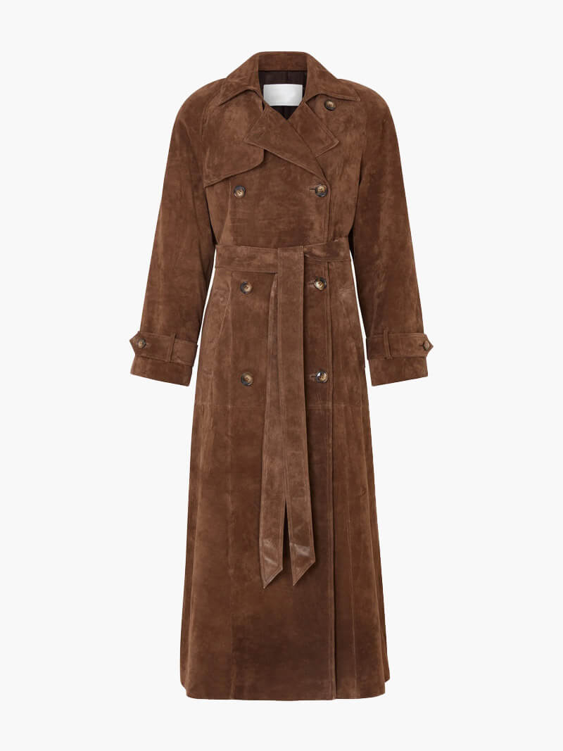 Trenchcoat aus Wildleder – braun – zweireihig – langer Trenchcoat – Damenmäntel