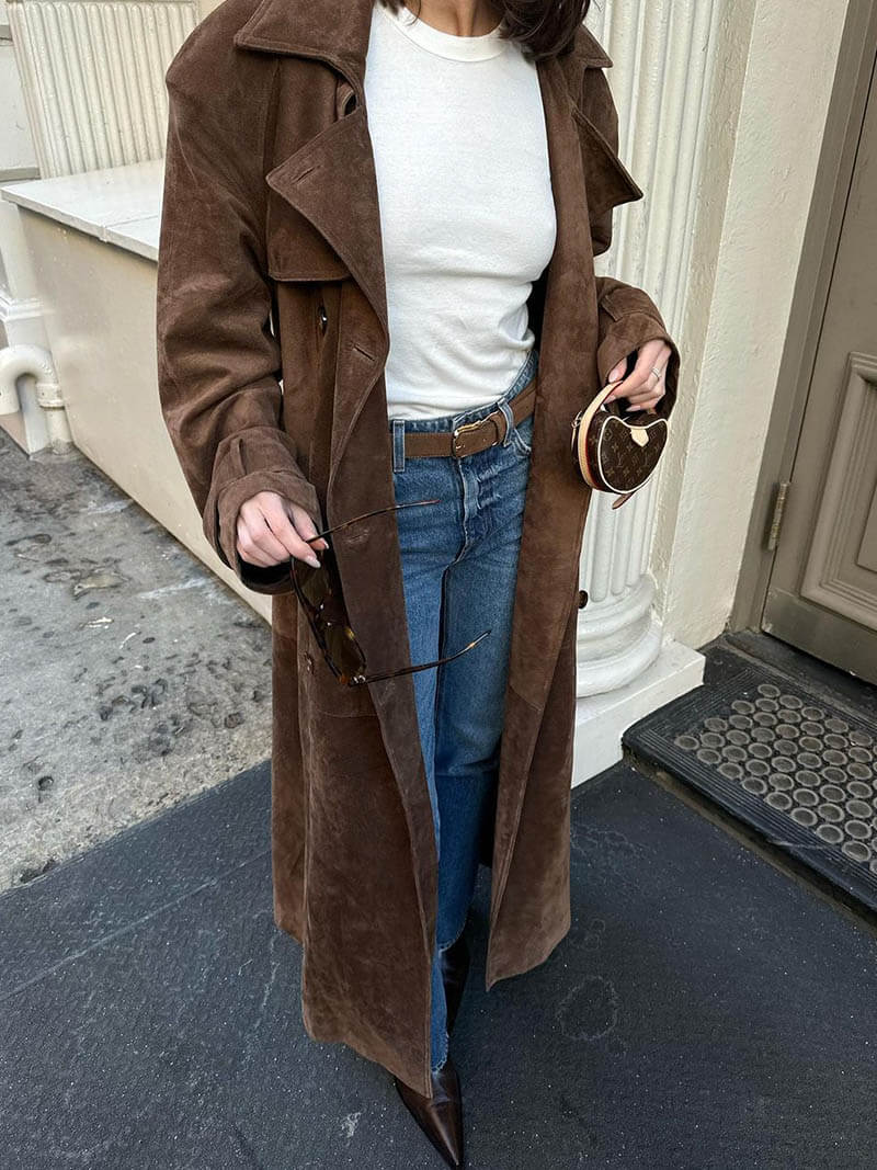 Trenchcoat aus Wildleder – braun – zweireihig – langer Trenchcoat – Damenmäntel