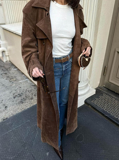 Trenchcoat aus Wildleder – braun – zweireihig – langer Trenchcoat – Damenmäntel