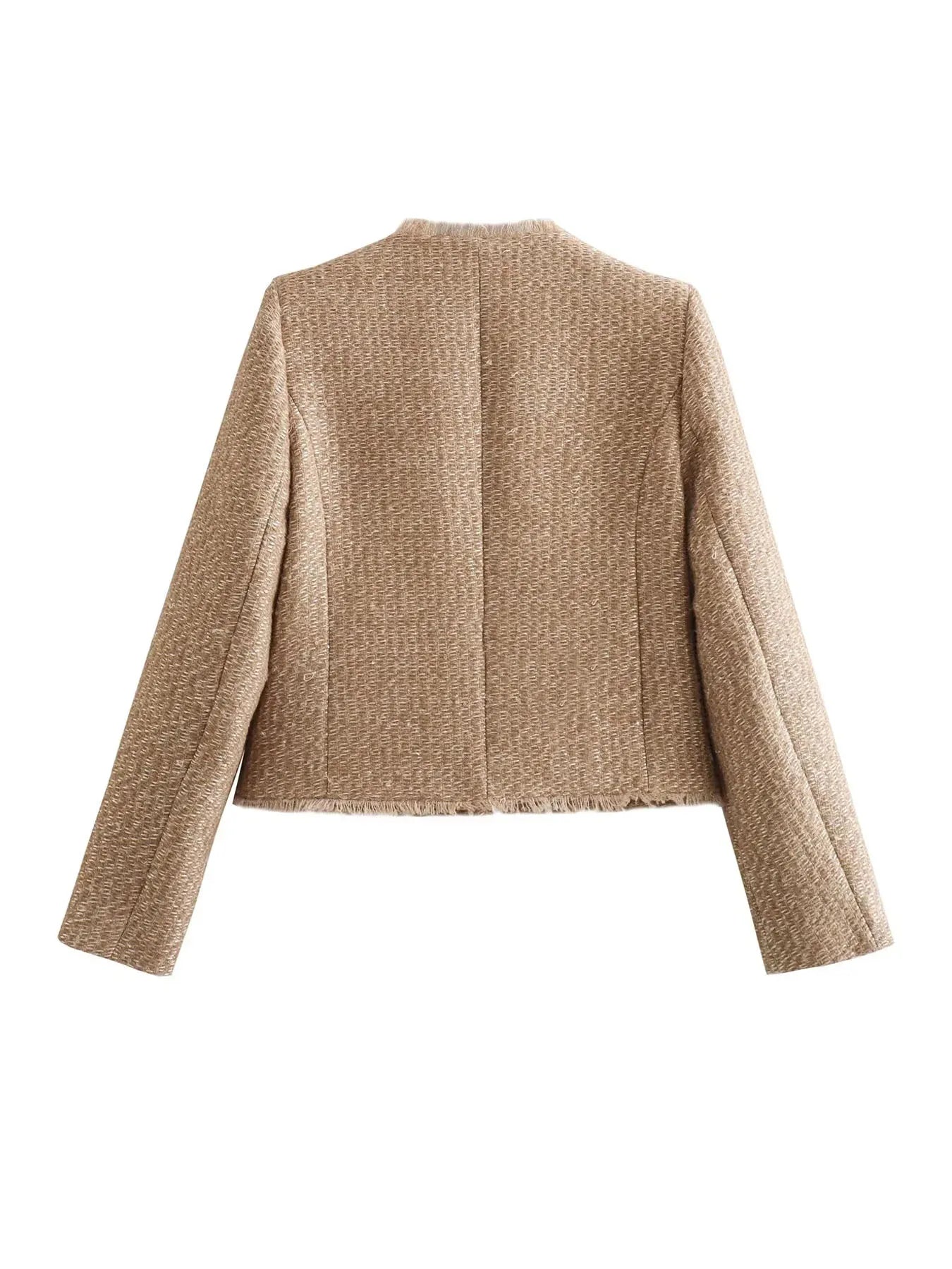 Tweed Jacke - Damen Beige Knopfleiste Herbst Blazer Jacke