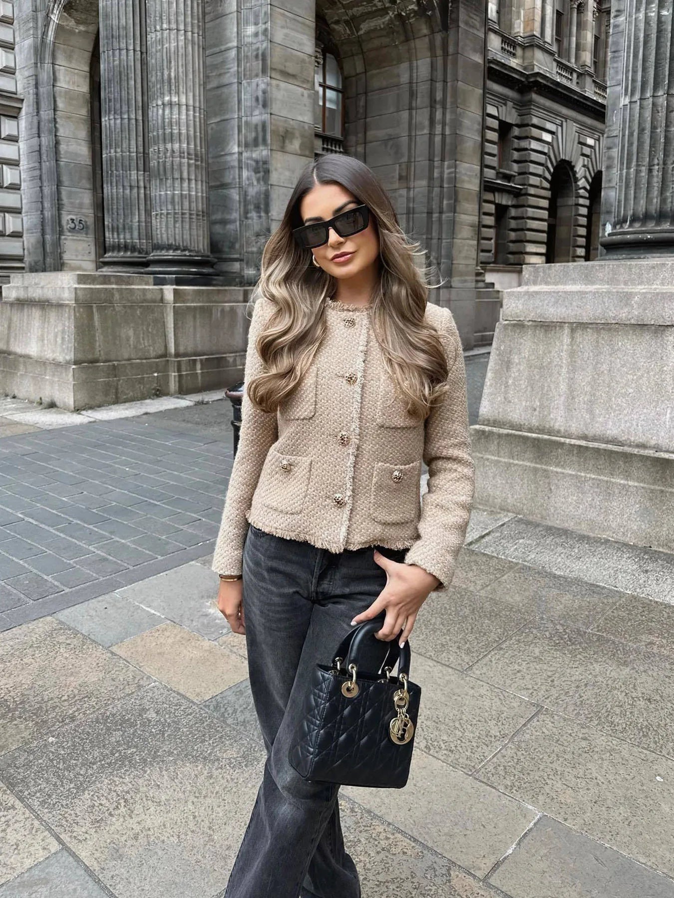 Tweed Jacke - Damen Beige Knopfleiste Herbst Blazer Jacke