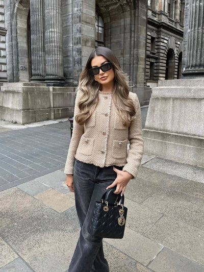 Tweed Jacke - Damen Beige Knopfleiste Herbst Blazer Jacke