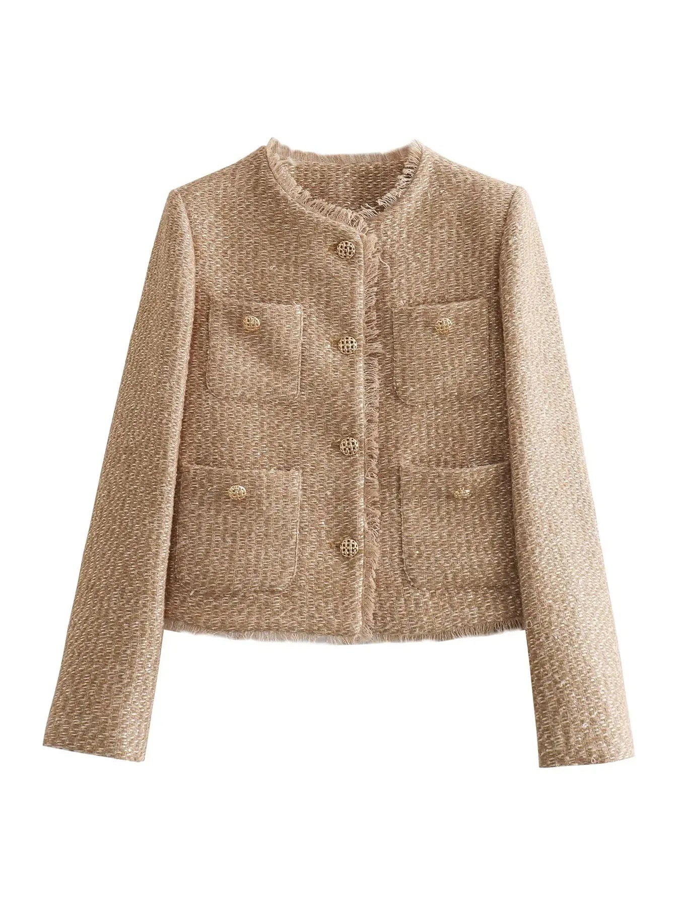 Tweed Jacke - Damen Beige Knopfleiste Herbst Blazer Jacke