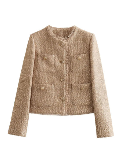 Tweed Jacke - Damen Beige Knopfleiste Herbst Blazer Jacke