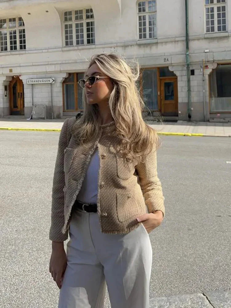 Tweed Jacke - Damen Beige Knopfleiste Herbst Blazer Jacke