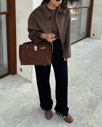 Übergroße Jacke – Braune Damen-Herbstjacke mit Reißverschluss