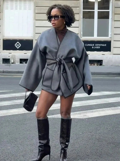 Übergroße Jacke | Grau | Gürtel | Herbstjacke | Damenjacken
