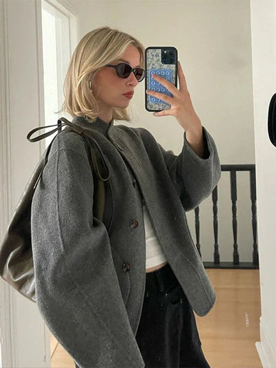 Übergroße Jacke – Grau – Herbst – Wolljacke – Damenjacke