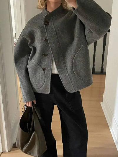 Übergroße Jacke – Grau – Herbst – Wolljacke – Damenjacke