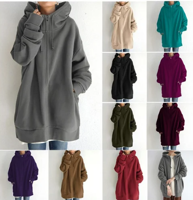 Übergröße-Kapuzenpullover – lang – Baggy – Reißverschluss-Kapuzenpullover – Damen-Kapuzenpullover