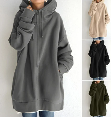 Übergröße-Kapuzenpullover – lang – Baggy – Reißverschluss-Kapuzenpullover – Damen-Kapuzenpullover